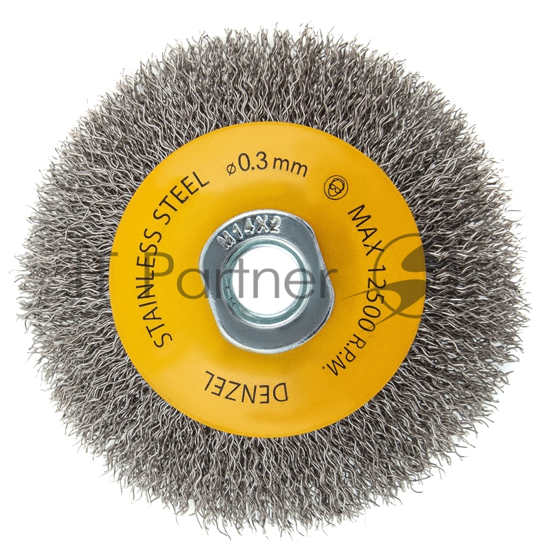 Щетка для УШМ, 100 мм, М14, Тарелка, витая нержавеющая проволока 0,3 мм// Denzel