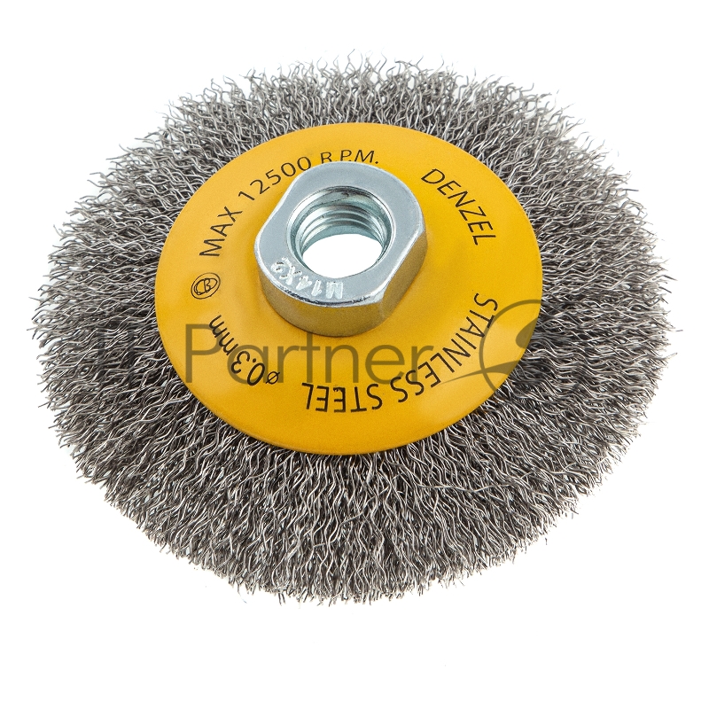 Щетка для УШМ, 100 мм, М14, Тарелка, витая нержавеющая проволока 0,3 мм// Denzel