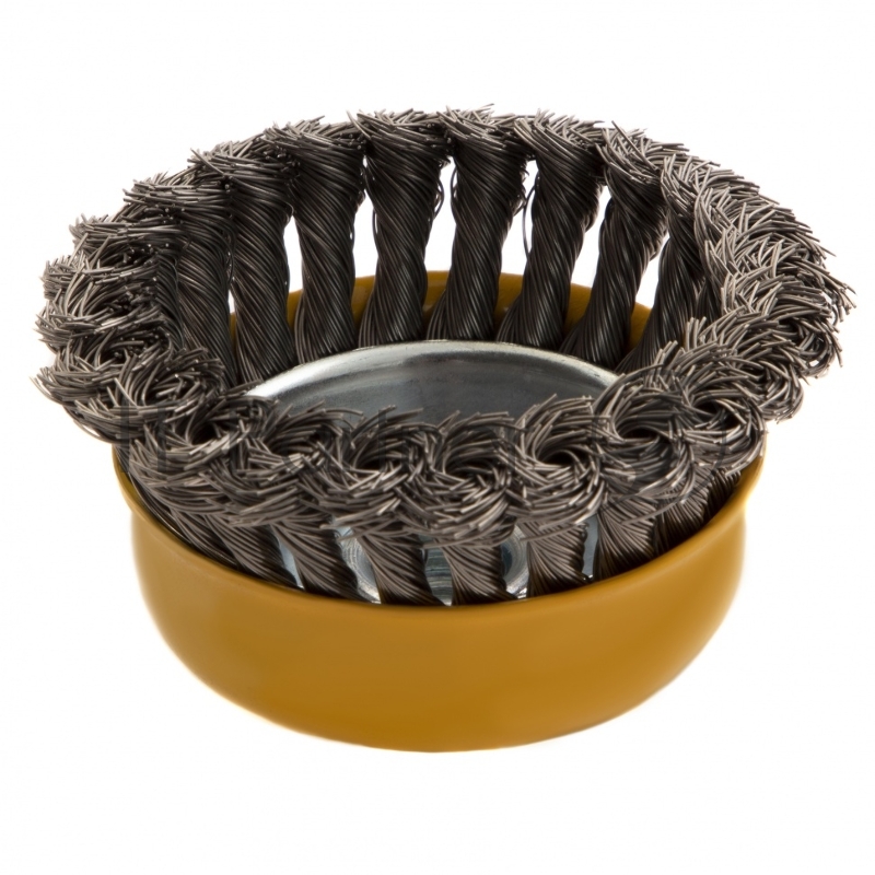 Щетка для УШМ, 100 мм, М14, Чашка, крученая нержавеющая проволока 0,5 мм// Denzel