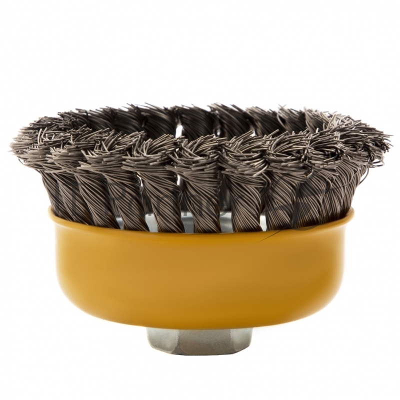 Щетка для УШМ, 100 мм, М14, Чашка, крученая нержавеющая проволока 0,5 мм// Denzel