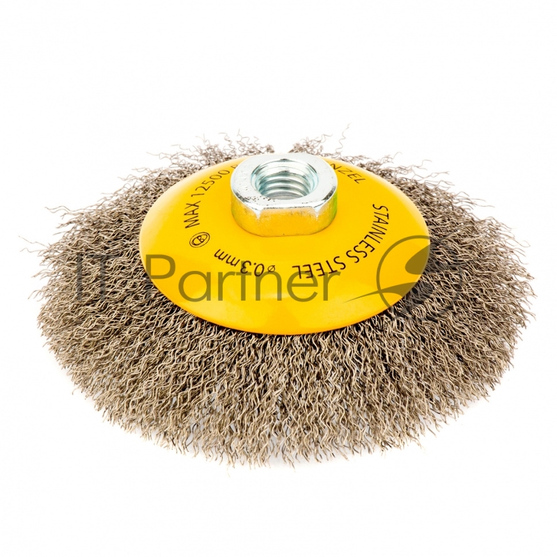 Щетка для УШМ, 125 мм, М14, Тарелка, витая нержавеющая проволока 0,3 мм// Denzel