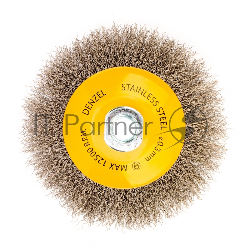 Щетка для УШМ, 125 мм, М14, Тарелка, витая нержавеющая проволока 0,3 мм// Denzel