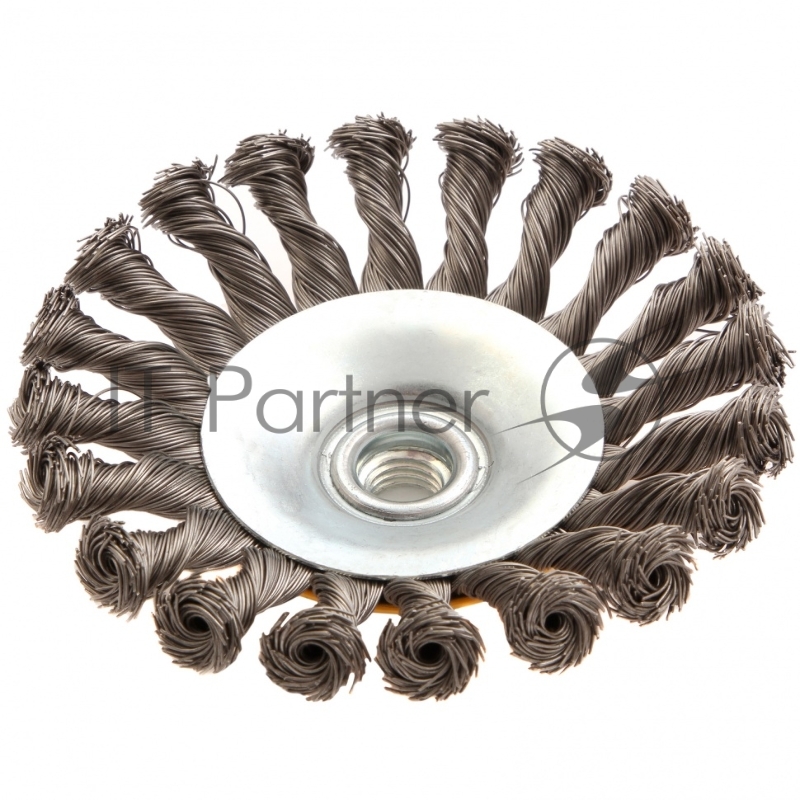 Щетка для УШМ, 125 мм, М14, Тарелка, крученая нержавеющая проволока 0,5 мм// Denzel