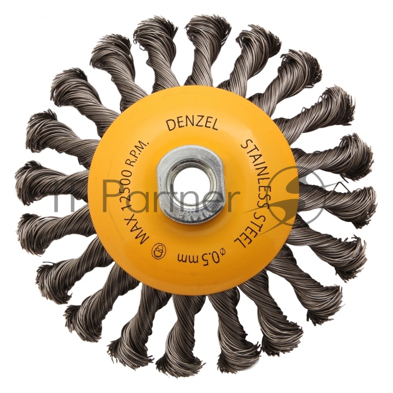 Щетка для УШМ, 125 мм, М14, Тарелка, крученая нержавеющая проволока 0,5 мм// Denzel
