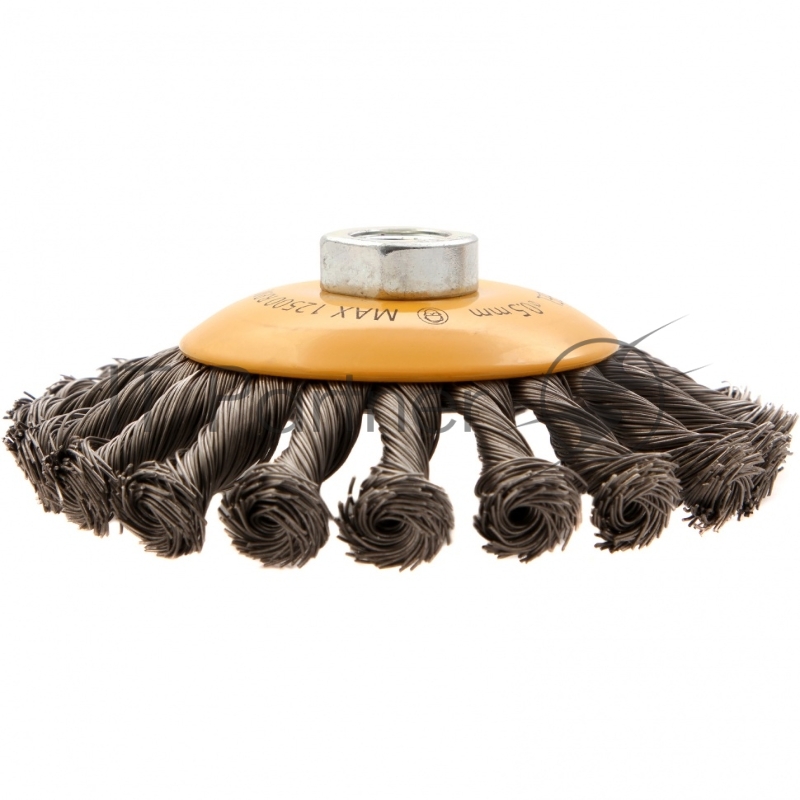 Щетка для УШМ, 125 мм, М14, Тарелка, крученая нержавеющая проволока 0,5 мм// Denzel