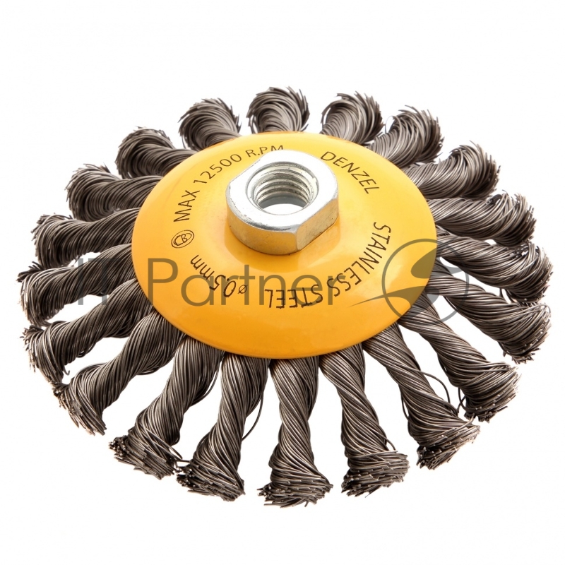 Щетка для УШМ, 125 мм, М14, Тарелка, крученая нержавеющая проволока 0,5 мм// Denzel