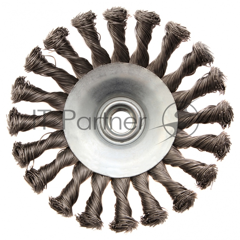 Щетка для УШМ, 125 мм, М14, Тарелка, крученая нержавеющая проволока 0,5 мм// Denzel