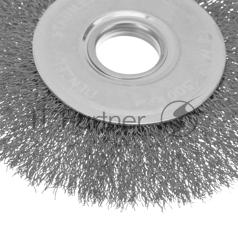 Щетка для УШМ, 125 мм, Плоская, витая нержавеющая проволока 0,3 мм, посадка 22,2 мм// Denzel