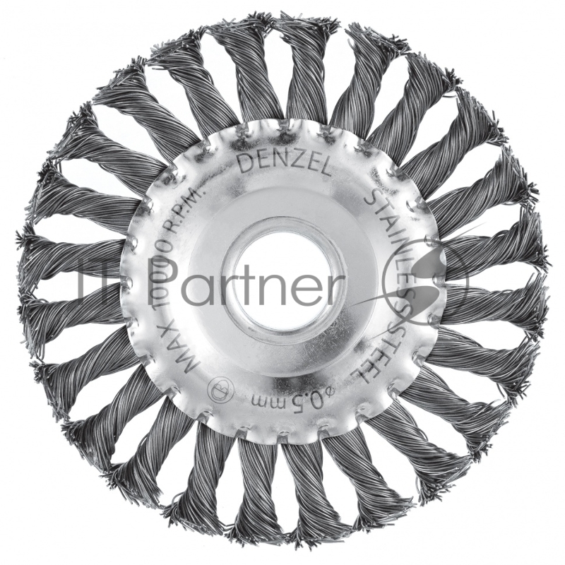 Щетка для УШМ, 125 мм, Плоская, крученая нержавеющая проволока 0,5 мм, посадка 22,2 мм// Denzel