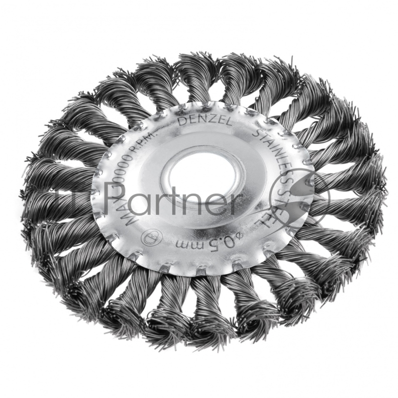 Щетка для УШМ, 125 мм, Плоская, крученая нержавеющая проволока 0,5 мм, посадка 22,2 мм// Denzel