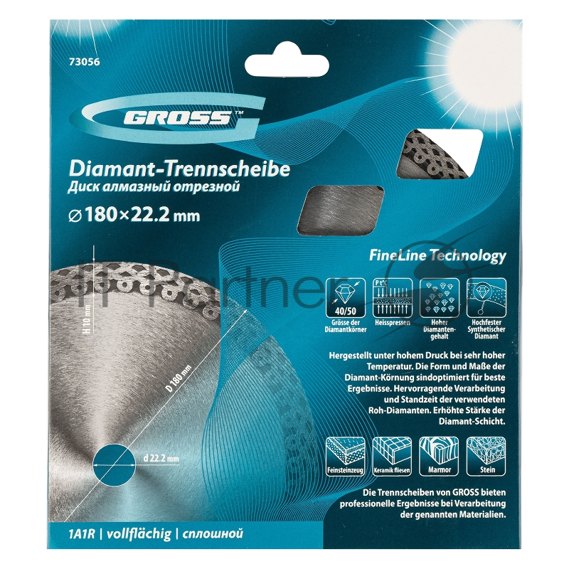 Диск алмазный ф180х22,2мм, тонкий, сплошной (Jaguar), мокрое резание// Gross