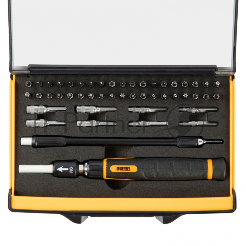Отвертка с набором бит и торцевых головок для точных работ, Гибкий привод. 48 штук// Denzel