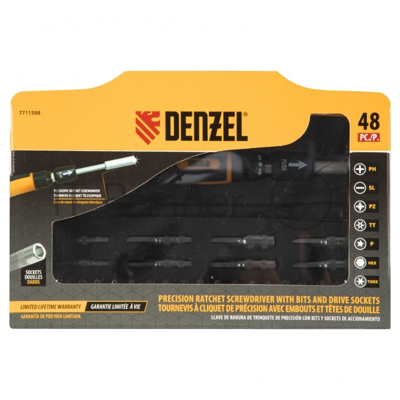 Отвертка с набором бит и торцевых головок для точных работ, Гибкий привод. 48 штук// Denzel