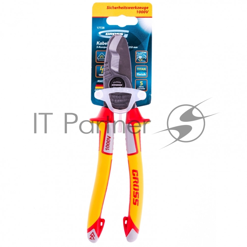 Кабелерез, диэлектрические рукоятки до 1000 В, трехкомпонентные рукоятки, 210 мм// Gross