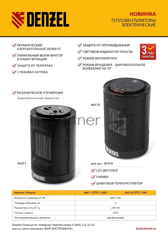 Тепловентилятор электр. керамический DTFC-1200, 3 реж., вентилятор, нагрев 600/1200 Вт// Denzel