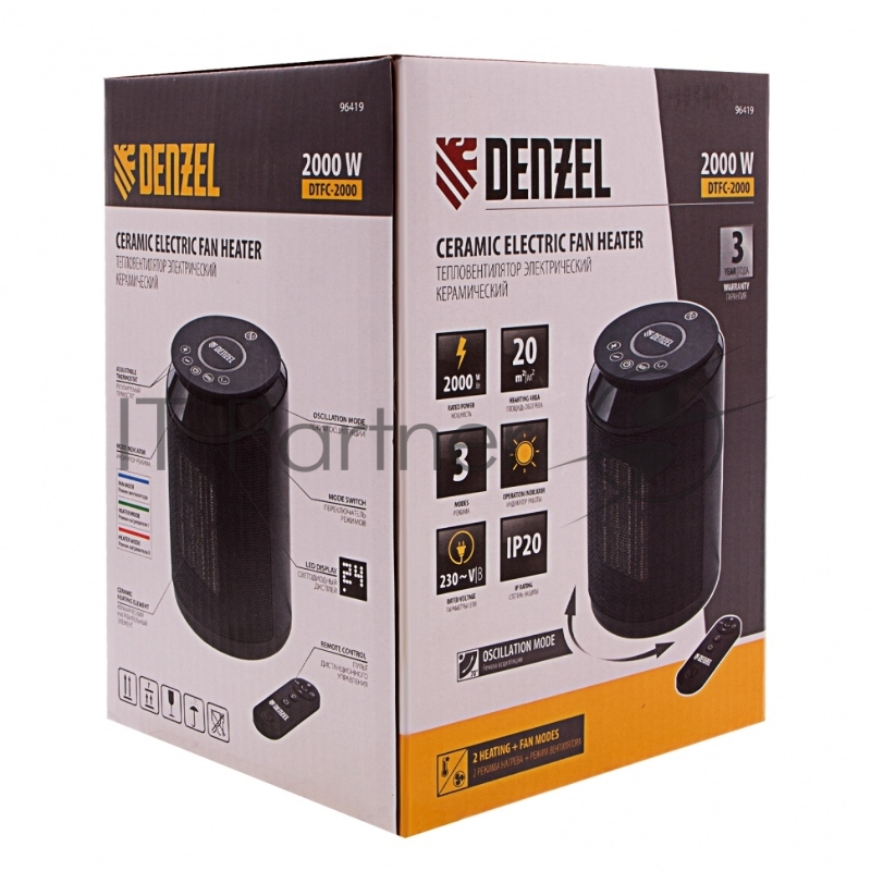 Тепловентилятор электр. керамический DTFC-2000, пульт, 3 реж., вент., нагрев 1000/2000 Вт// Denzel