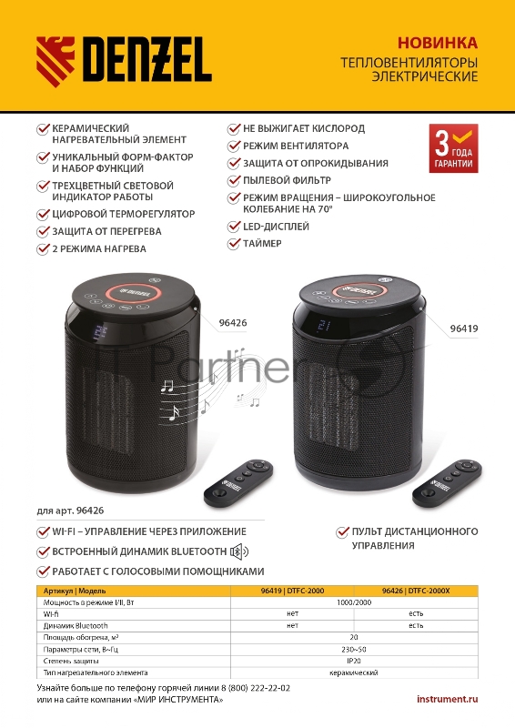 Тепловентилятор электр. керамический DTFC-2000, пульт, 3 реж., вент., нагрев 1000/2000 Вт// Denzel