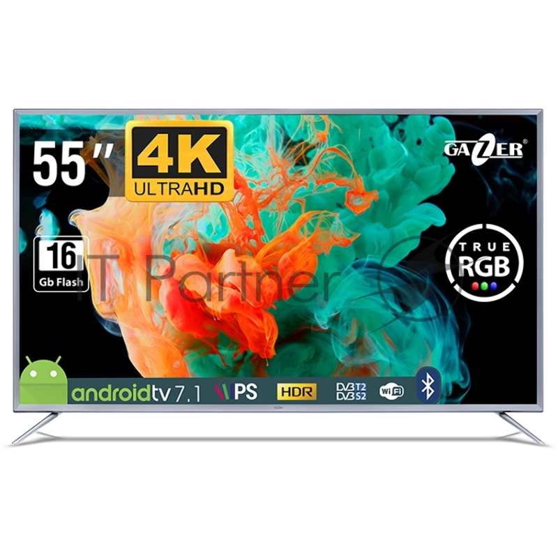 Телевизор Gazer LED LCD TV 55(3840x2160) IPS LED, 400cd/m2, USB, HDMI, RCA, CI+ slot, RJ45, miniYPBPR, Multimedia player, Optical, Smart 2+16Gb, DVB-T2/C/S2, 138W, RT2851, Android 9, 2x10W speaker, grey.