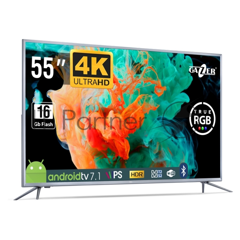 Телевизор Gazer LED LCD TV 55(3840x2160) IPS LED, 400cd/m2, USB, HDMI, RCA, CI+ slot, RJ45, miniYPBPR, Multimedia player, Optical, Smart 2+16Gb, DVB-T2/C/S2, 138W, RT2851, Android 9, 2x10W speaker, grey.