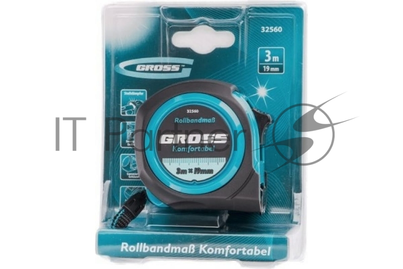Рулетка Komfortabel, 3 м х 19 мм, обрезиненный корпус// Gross