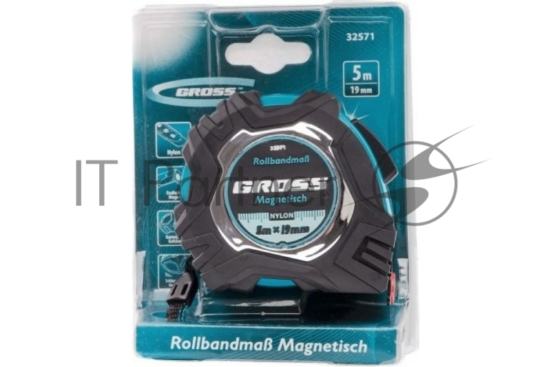 Рулетка Magnetisch, 5м х 19мм, обрезин. корпус,автоматич. фиксация, нейлон. покр.,магн.зацеп// Gross
