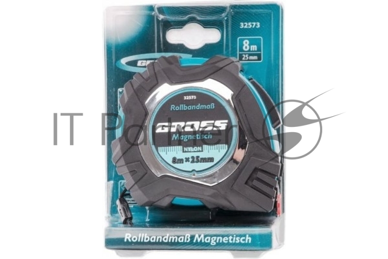 Рулетка Magnetisch, 8м х 25мм, обрезин. корпус,автоматич. фиксация, нейлон. покр.,магн.зацеп// Gross