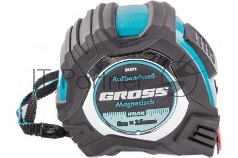 Рулетка Magnetisch, 8м х 25мм, обрезин. корпус,автоматич. фиксация, нейлон. покр.,магн.зацеп// Gross