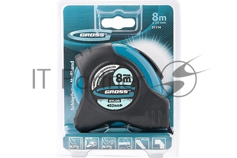 Рулетка Schlagfest, 8 м x 25 мм, магн. обрез зацеп, двухст. шкала, нейлон покр. автоматич// Gross