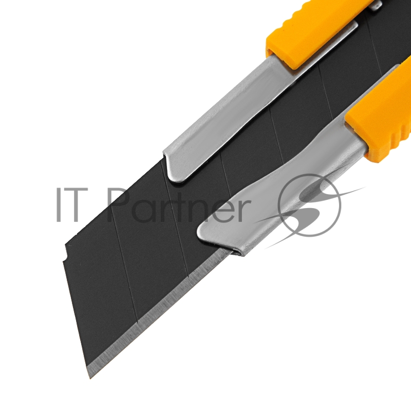 Нож, 18 мм, сменное лезвие, SK4, метал. направляющая, клипса, нажимной фиксатор// Denzel