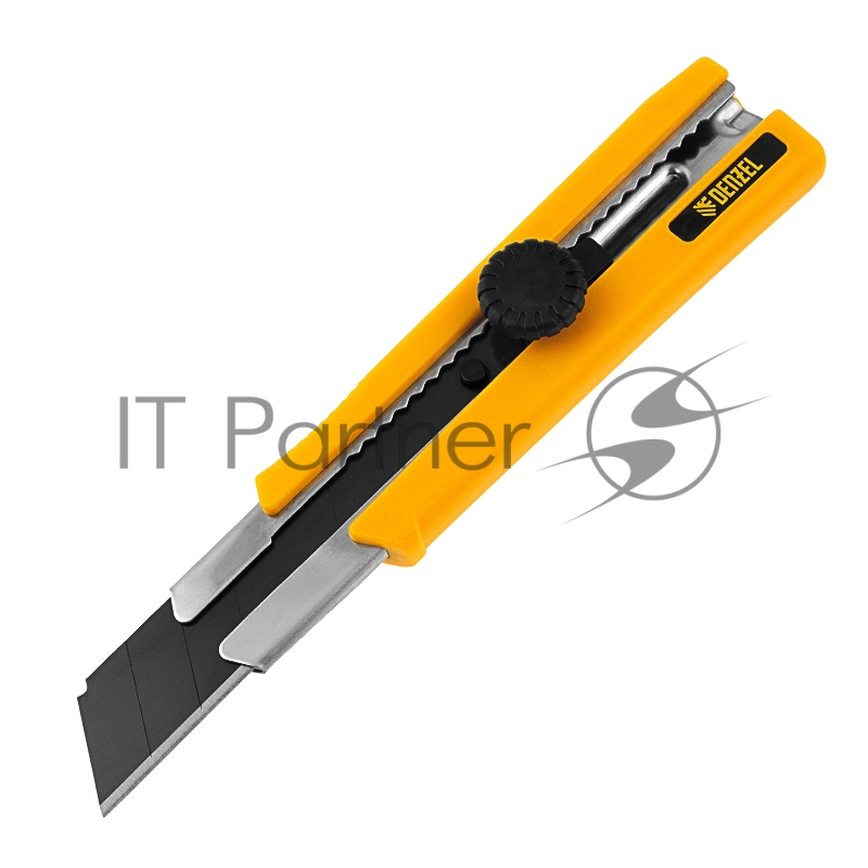 Нож, 25 мм, сменное лезвие, SK4, корпус из TPR, метал. направляющая, винтовой фиксатор// Denzel