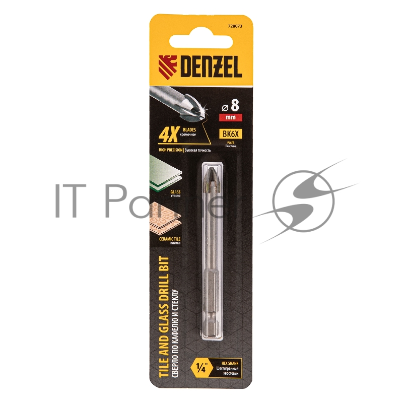 Сверло по керамической плитке 8 мм, крестовая пластина, 6-гр. хвостовик// Denzel