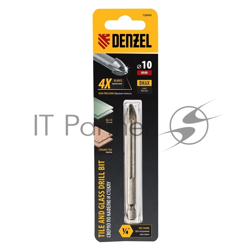 Сверло по керамической плитке 10 мм, крестовая пластина, 6-гр. хвостовик// Denzel