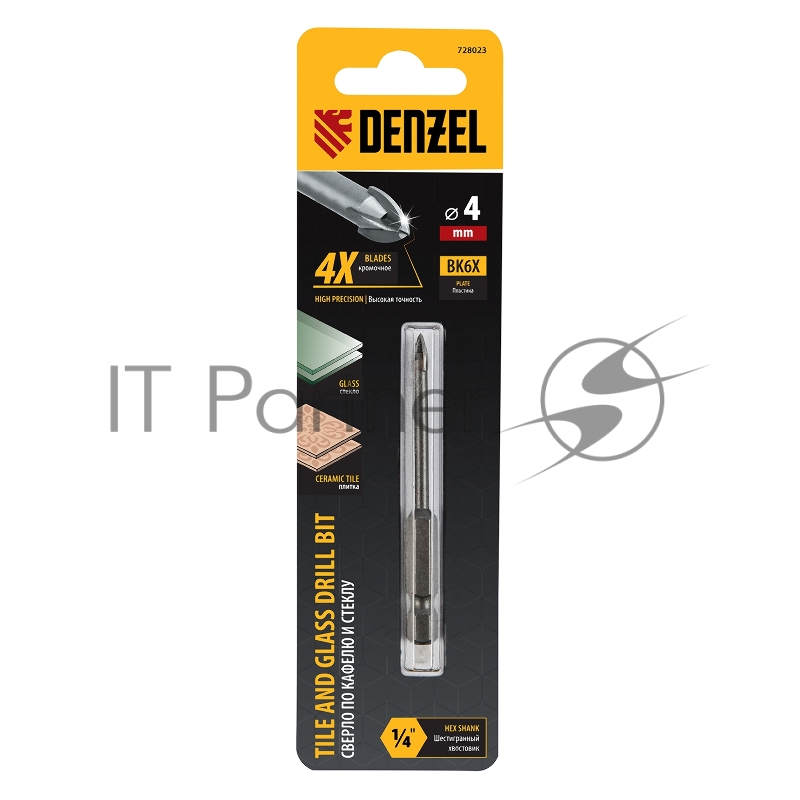 Сверло по керамической плитке 4 мм, крестовая пластина, 6-гр. хвостовик// Denzel