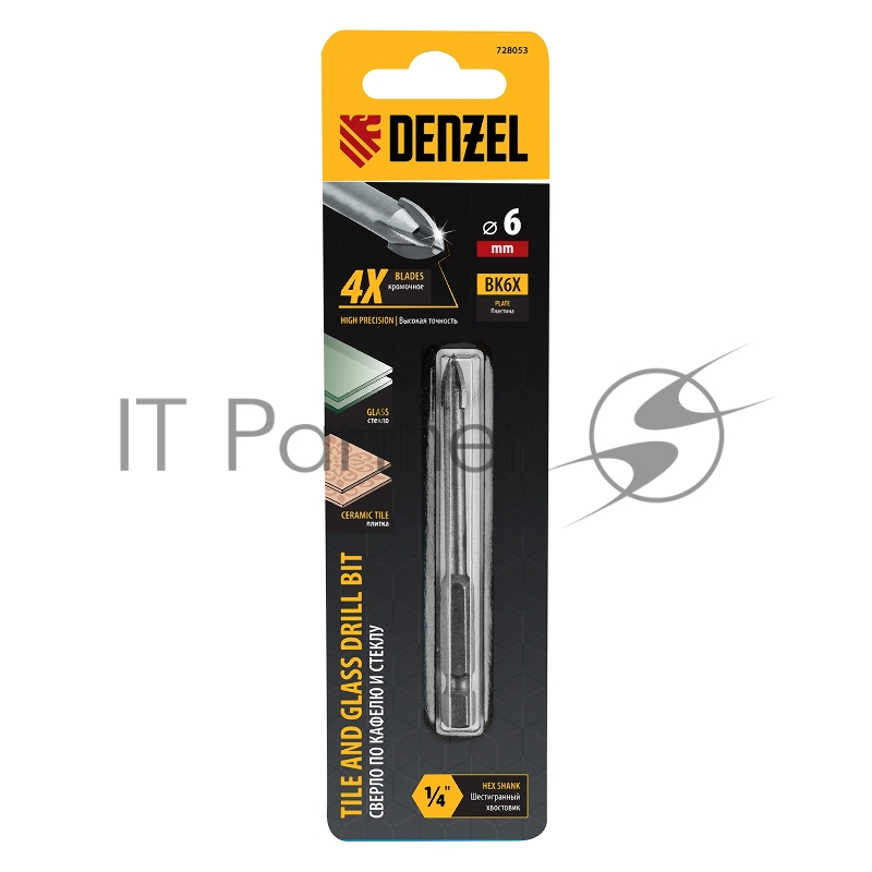 Сверло по керамической плитке 6 мм, крестовая пластина, 6-гр. хвостовик// Denzel