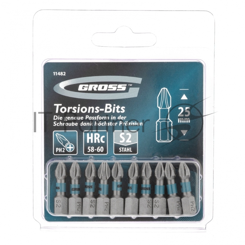 Набор бит торсионных PH2x25 мм, для ударных шуруповертов, 10 шт.// Gross