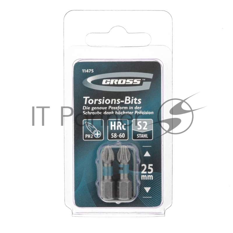 Набор бит торсионных PH2x25 мм, для ударных шуруповертов, 2 шт.// Gross