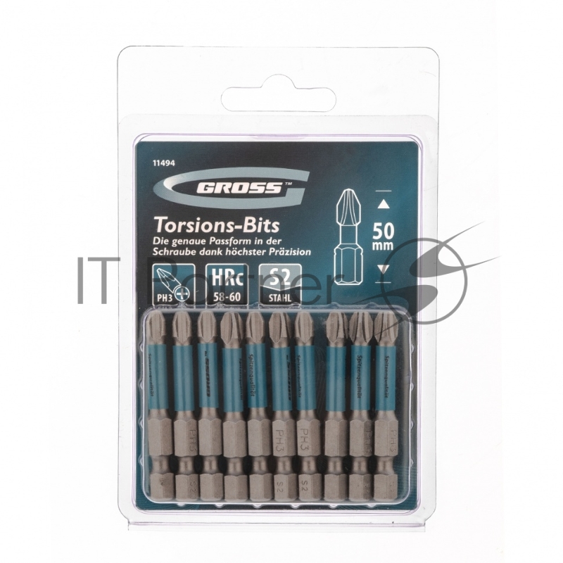 Набор бит торсионных PH3x50 мм, для ударных шуруповертов, 10 шт.// Gross