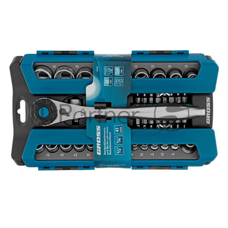 Набор торцевых головок, трещотка 120 зубьев, 41 предмет, 1/2, 1/4, CrV// Gross