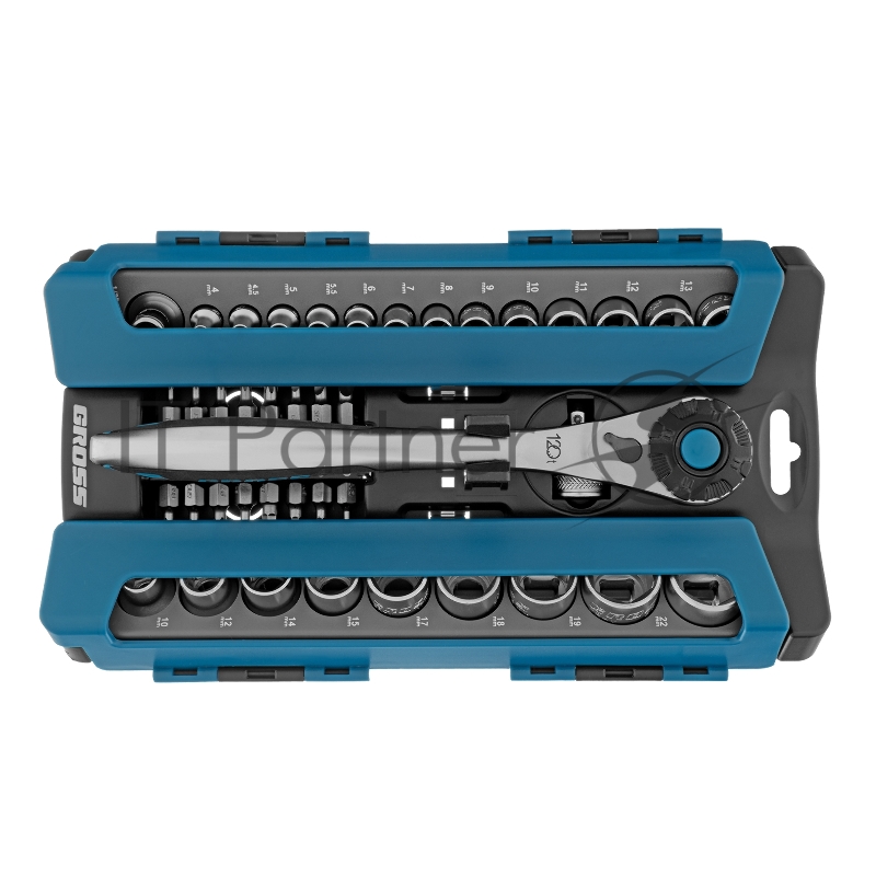 Набор торцевых головок, трещотка 120 зубьев, 41 предмет, 1/2, 1/4, CrV// Gross