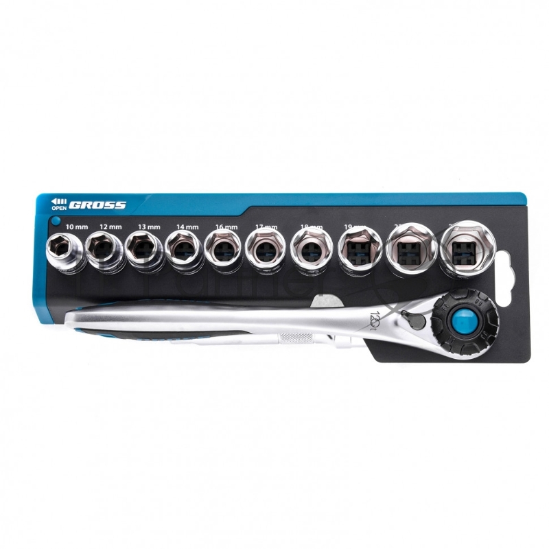 Набор торцевых головок, трещотка 120 зубьев, 12 предметов, 1/2, CrV// Gross