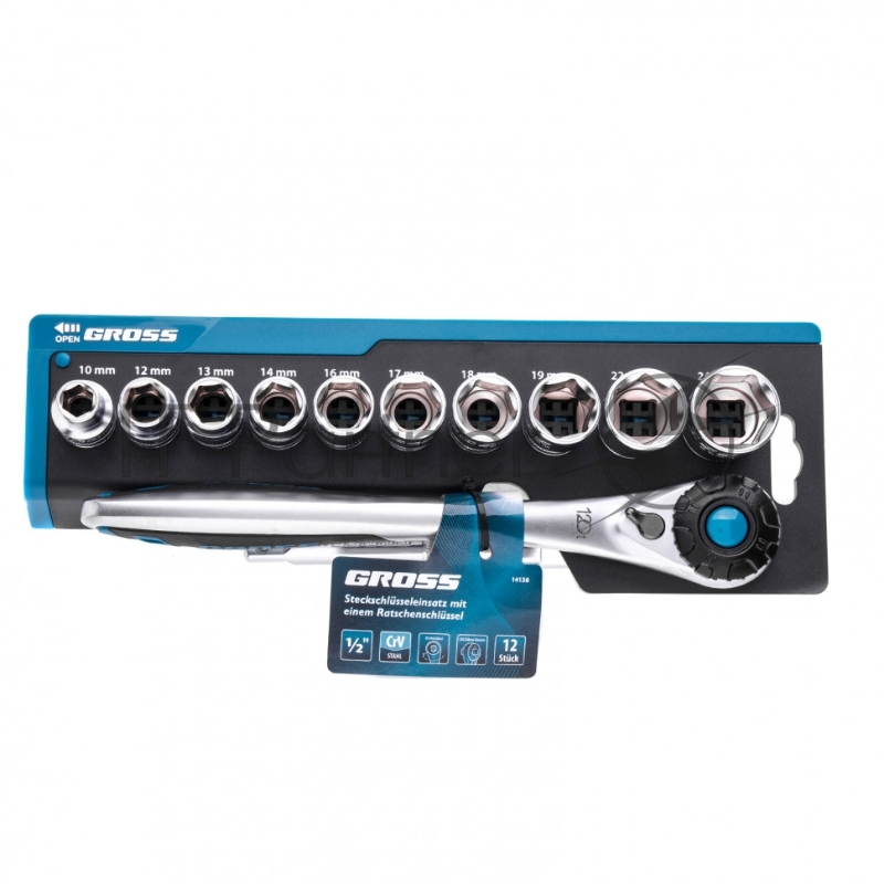 Набор торцевых головок, трещотка 120 зубьев, 12 предметов, 1/2, CrV// Gross