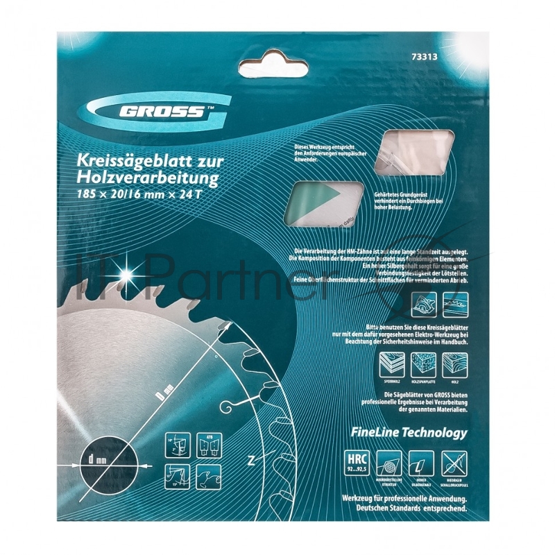 Пильный диск по дереву ф185 х 20 мм, 24 зуба + кольцо 20/16мм// Gross