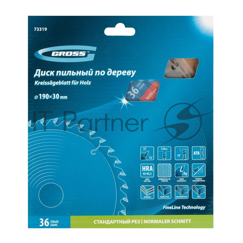 Пильный диск по дереву ф190 х 30 мм, 36 зубьев// Gross