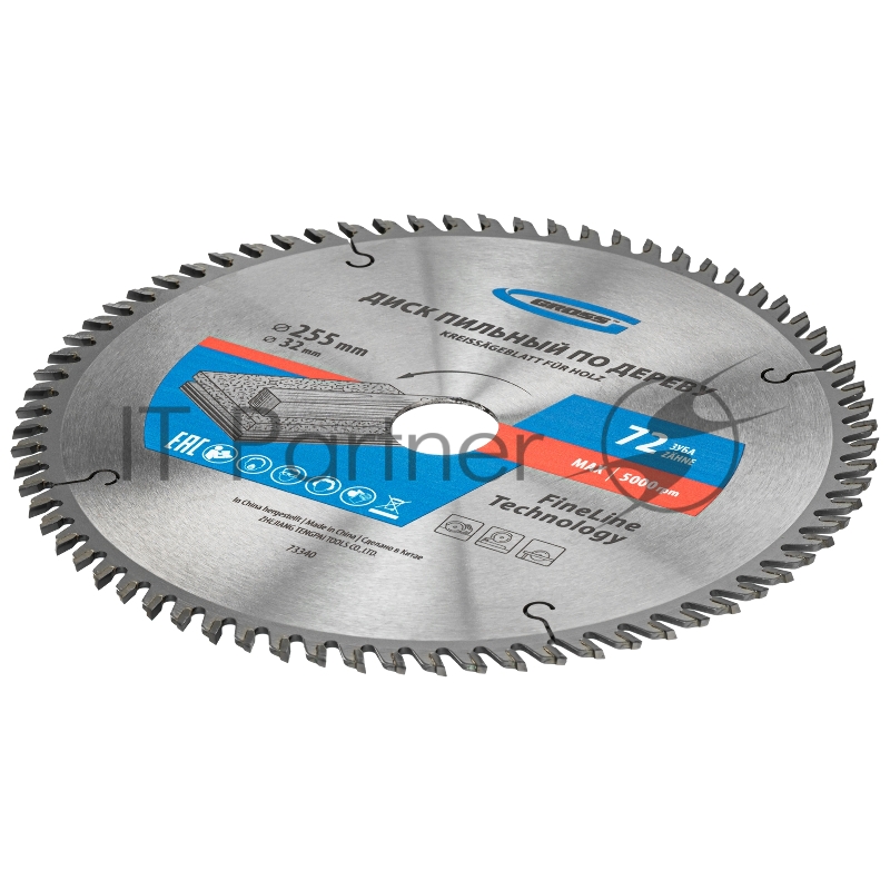 Пильный диск по дереву ф255 х 32 мм, 72 зуба + кольцо 32/30мм// Gross