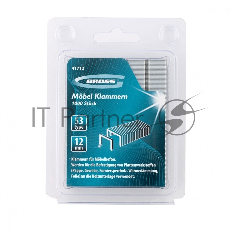 Скобы, 12 мм, для мебельного степлера, усиленные, тип 53, 1000 шт.// Gross