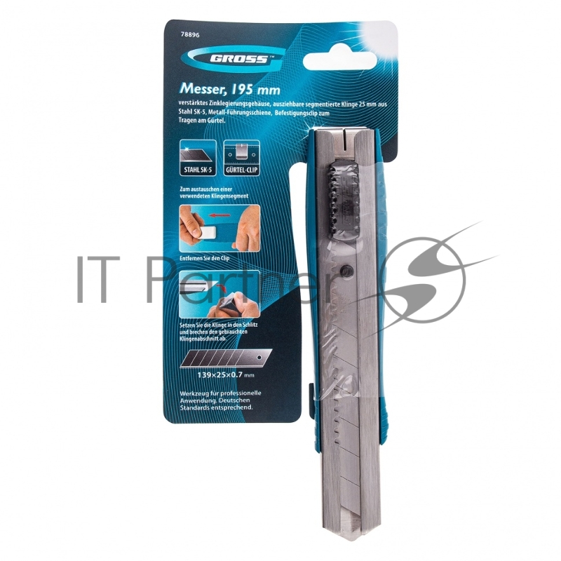 Нож 195 мм, метал.корпус, выдв. сегм. лезвие 25 мм (SK-5), метал. напр-щая, клипса для ремня// Gross
