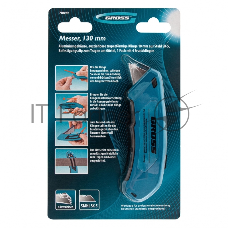 Нож 130 мм, алюм. корпус, выдв. трапец. лезвие 18 мм (SK-5), клипса для ремня, 4 лезвия// Gross