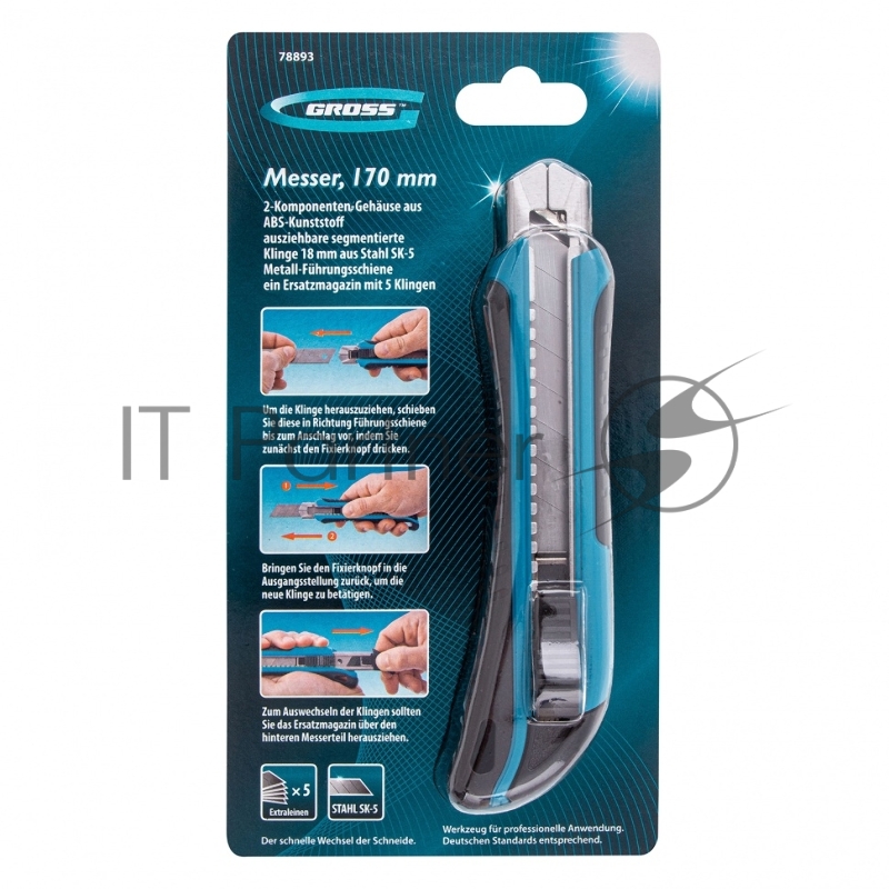 Нож 170 мм, обрезин. ABS - корпус, выдв.сегм.лезвие 18 мм (SK-5), метал. напр-щая, 5 лезвий// Gross