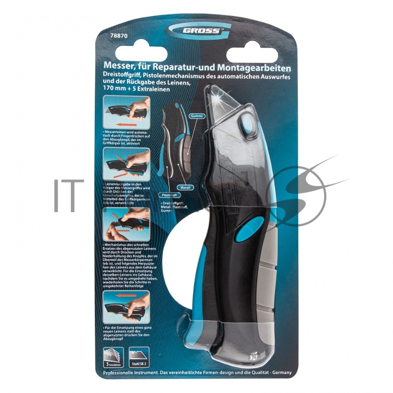 Нож,ремонтно-монтажный.трехком выброс/возврат лезвия пистол типа,170мм, 5 з.л// Gross