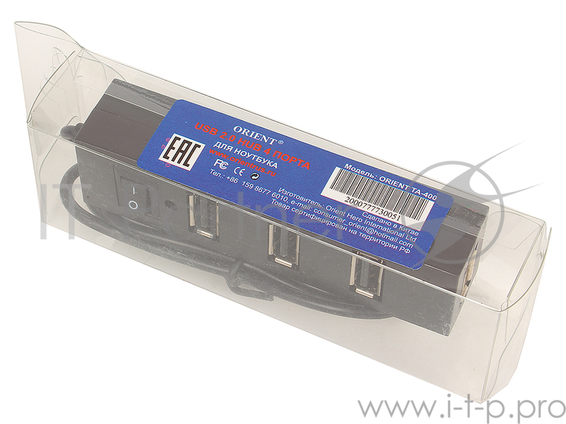 Концентратор USB 2.0 Orient TA-400, 4 Ports, 3xUSB сверху, 1xUSB с торца, выключатель, разъем доп.пи